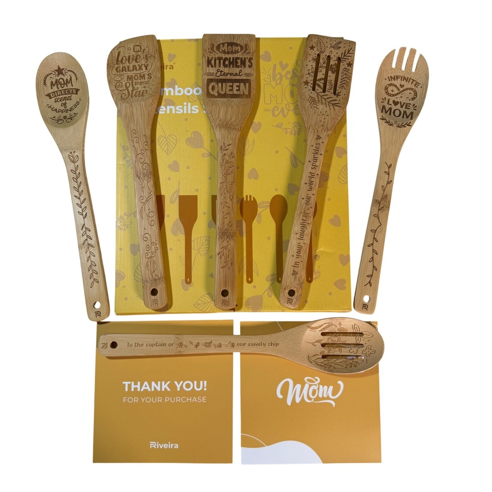 Riveira Bamboo Kitchen‎ Utensils Spatulas Spoons Set Mom Gift 6pc